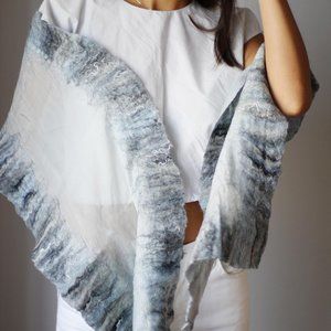 Christa Louise Handmade Silk Wool "Fiber Frame" Sterling/Iceberg/Grey Scarf 83"L